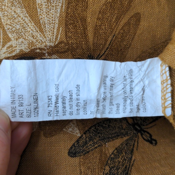 Elana Baldi 100% Linen Blouse Dragonfly Top Ruffle Sleeve Italy Tan Large - Picture 6 of 7